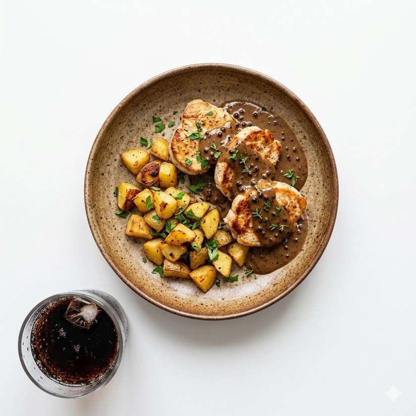 Kuřecí medajlonky pepřová omáčka, opečený brambor+  Pepsi