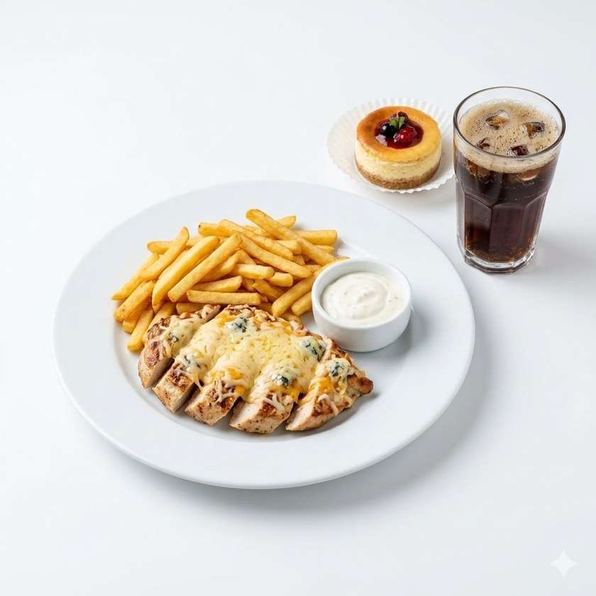 150g Kuřecí steak mix sýrů (eidam,čedar,niva) + hranolky,tatarká omáčka+ PEPSI + mini cheesecake