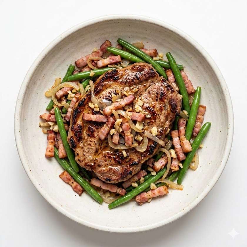 Kovbojský steak z vepřové krkovice ( ang.slanina, cibule, česnek, zelené fazolové lusky)