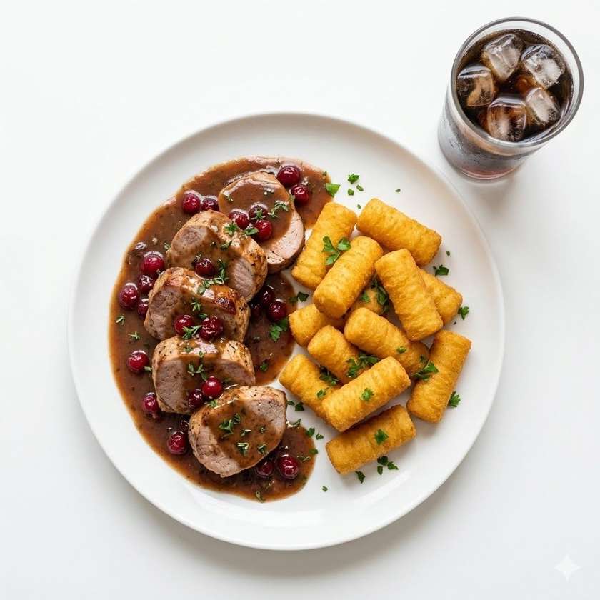 200g Vepřové medajlonky, brusinkovo-smetanová omáčka, krokety, Pepsi