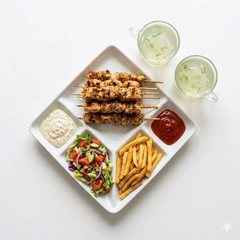 BOX : 8ks Kuřecí na špejli + 400g hranolky+ mix salát+tatarka+ kečup+ tatarka+ 2 ALOE VERA