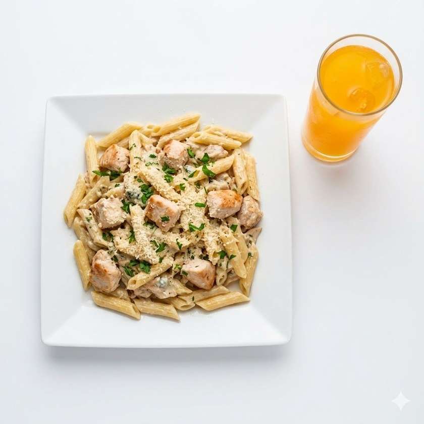 Penne s kuřecím masem, niva, smetana, eidam, parmazán +  Mirinda