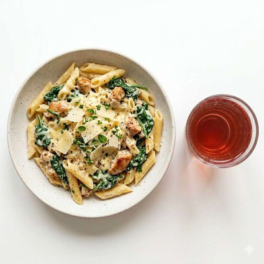 Penne s kuřecím masem, špenát, smetana, eidam, parmazán + 0,5l Naše limča