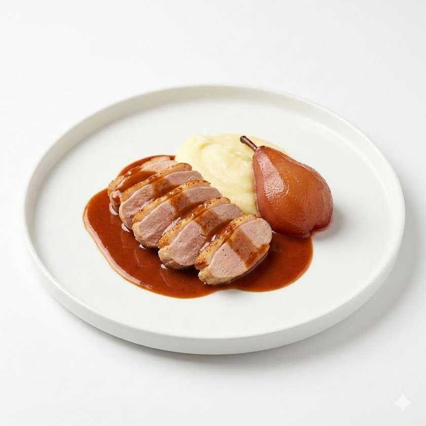 Pheasant Breast /sous vide/ rosehip sauce, mashed potatoes, poached pear