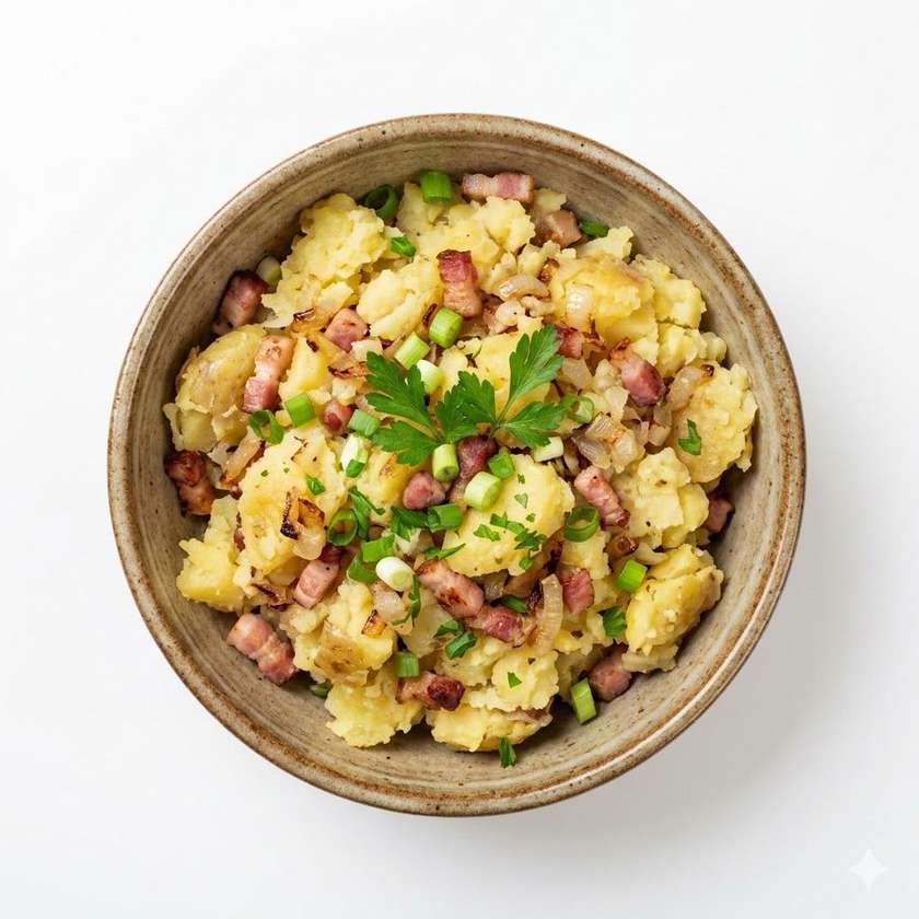 Šťouchané brambory se slaninou a cibulí