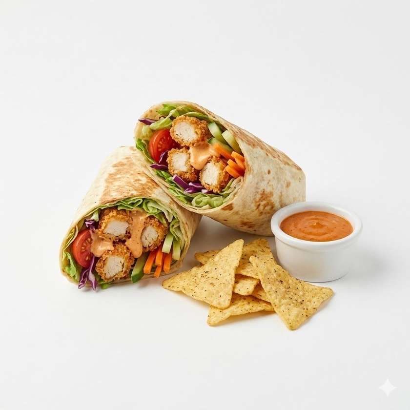Tortilla with fried chicken popcorn, vegetables and chipotle mayonnaise