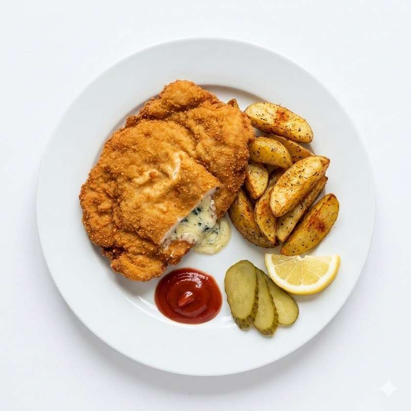 200g MAX Kuřecí  vysočanský  řízek ( niva )  + americký brambor + kečup,kyselá okurka+ citron