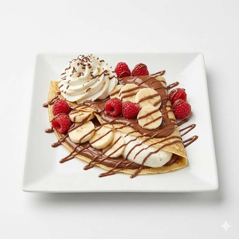 Hříšná palačinka ( nutela, tvarohová pěna, banán, maliny, šlehačka, čokotopink)