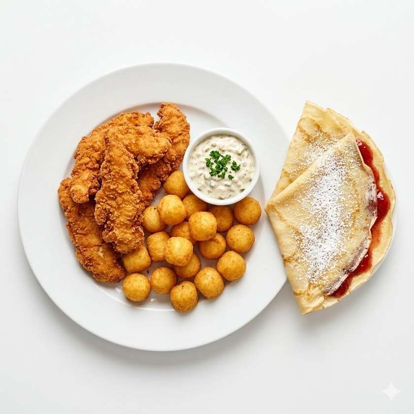 Kuřecí stripsy, krokety, tatarská omáčka + Palačinka džem