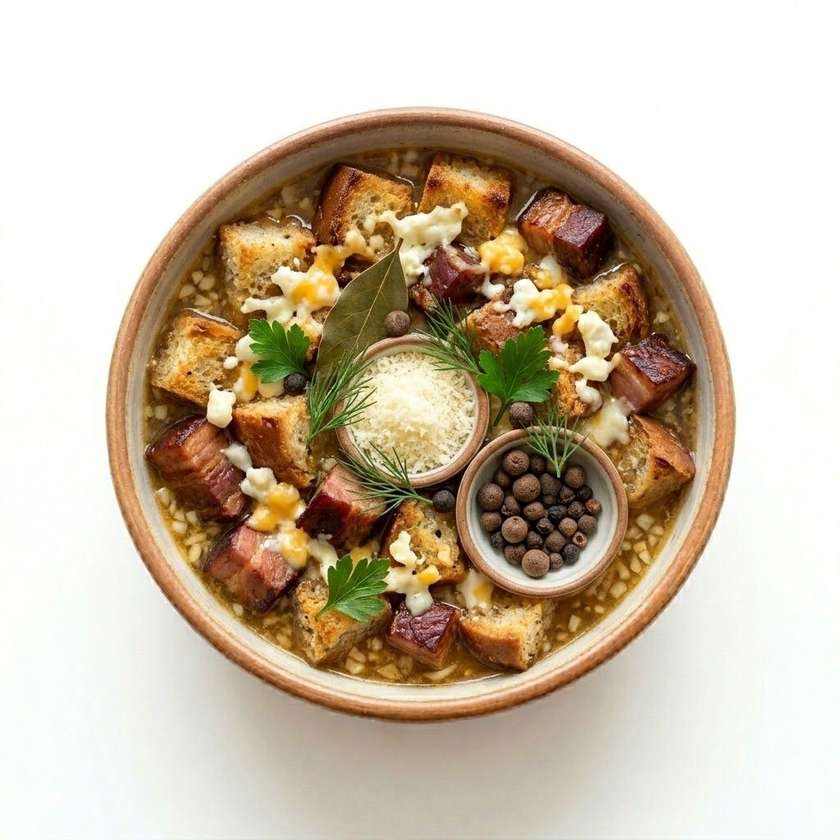 Garlic with smoked meat, cheese and croutons