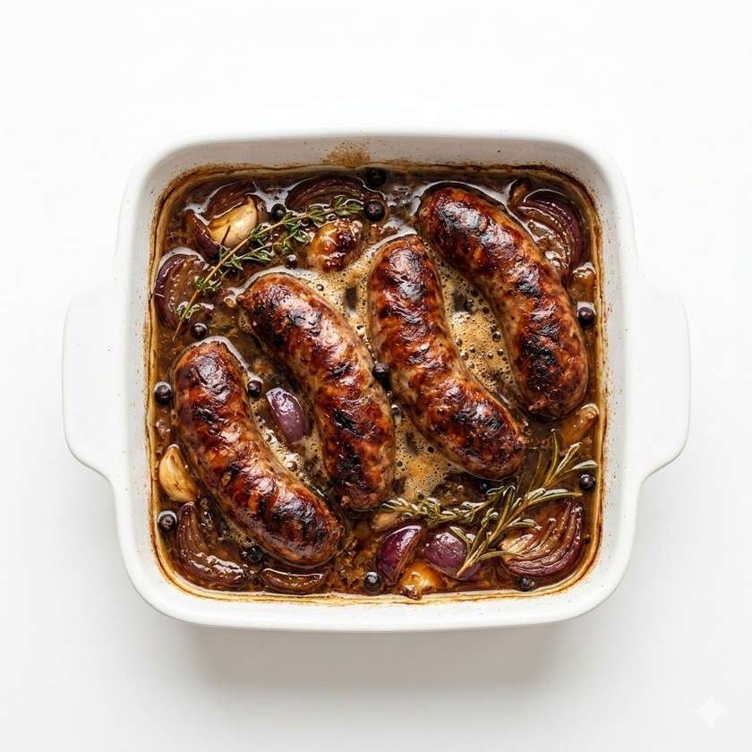 Sausages roasted on dark beer