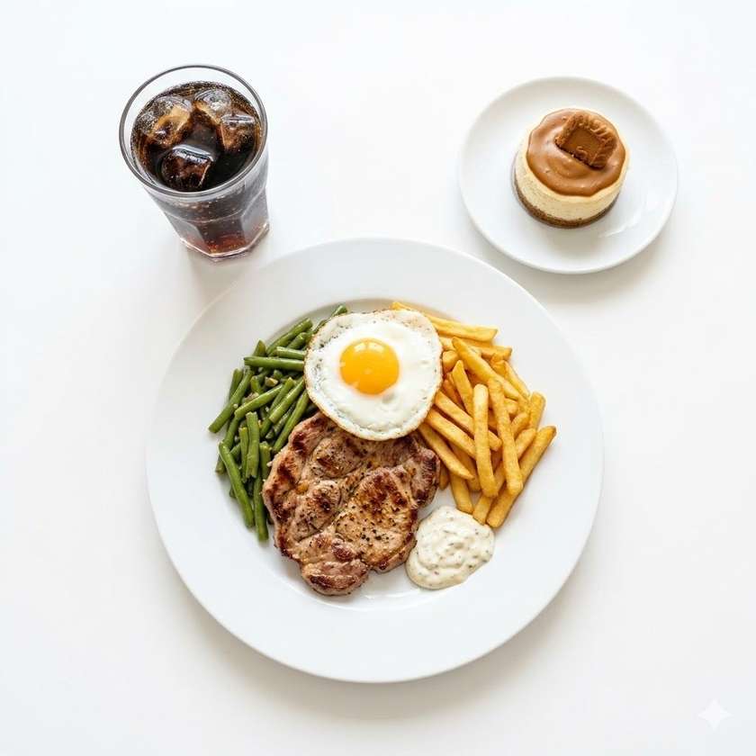 150g Steak Krkovice +zelené fazolky, sázené vejce+hranolky+tatarka+ PEPSI+mini cheesecake lotus