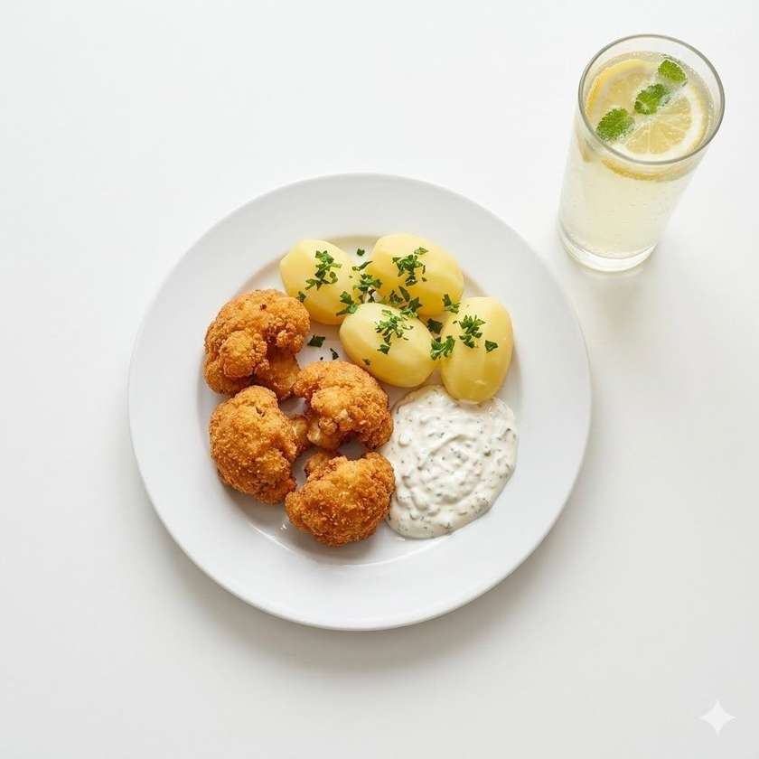 Smažený květák, vařený brambor, tatarka +0,5l Domácí limča