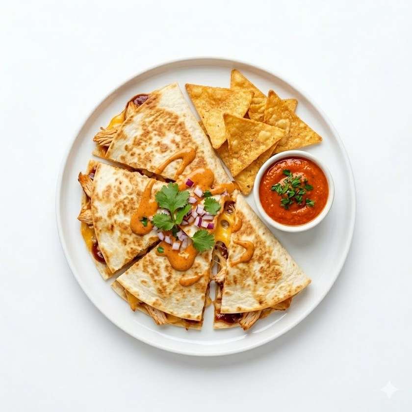 Chicken quesadilla - Tortilla filled with chicken strips, cheddar and BBQ sauce