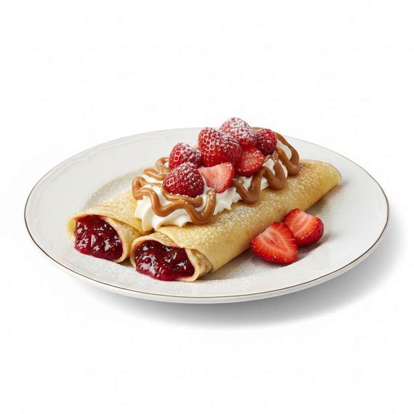 2ks Palačinka malinový džem, jahody, karamelová šlehačka, moučkový cukr