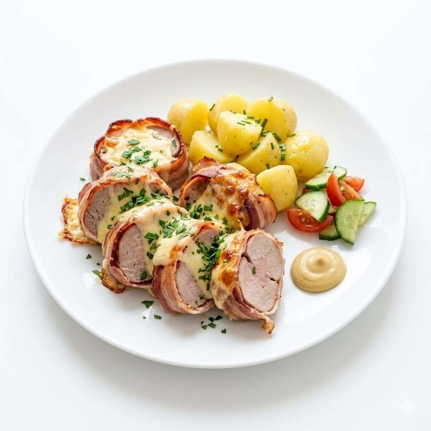 Pork tenderloin medallions baked with bacon and cheese