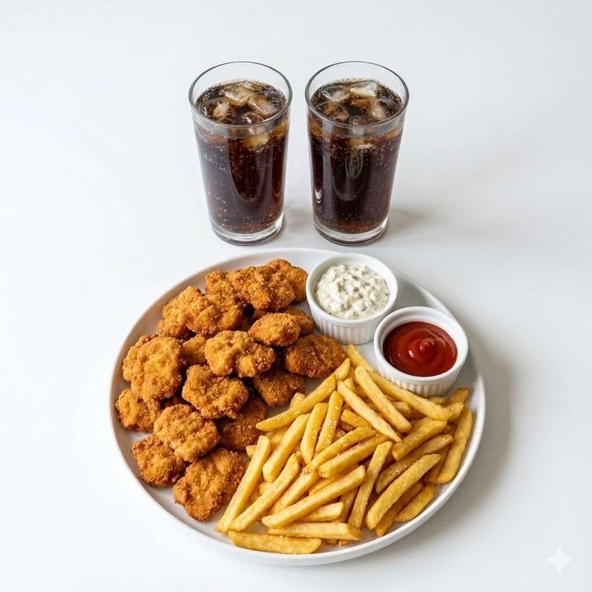 Kyblik: 400g mini vepřové řízky + 400g hranolky + tatarka + kečup + 2x Pepsi zero