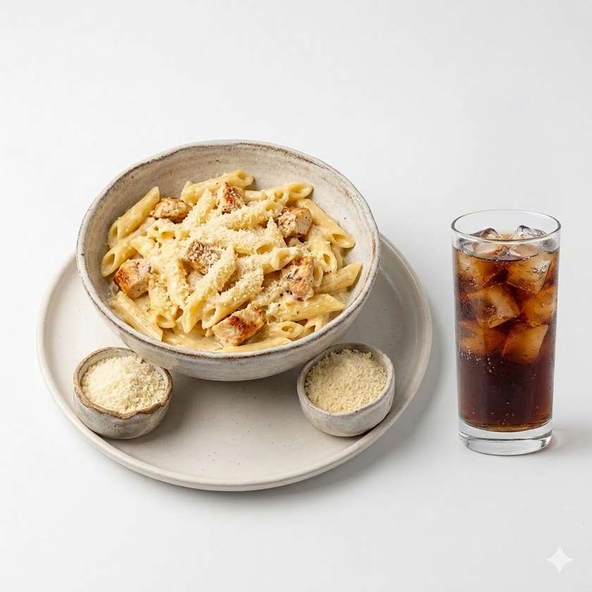 Penne QUATRO FORMAGE   s kuřecím, smetana, parmazán +  Pepsi