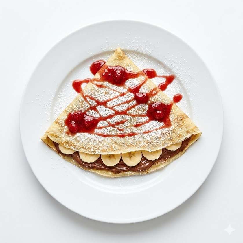 1 ks Palačinka nutela  + banán + jahodový  topink, moučkový cukr