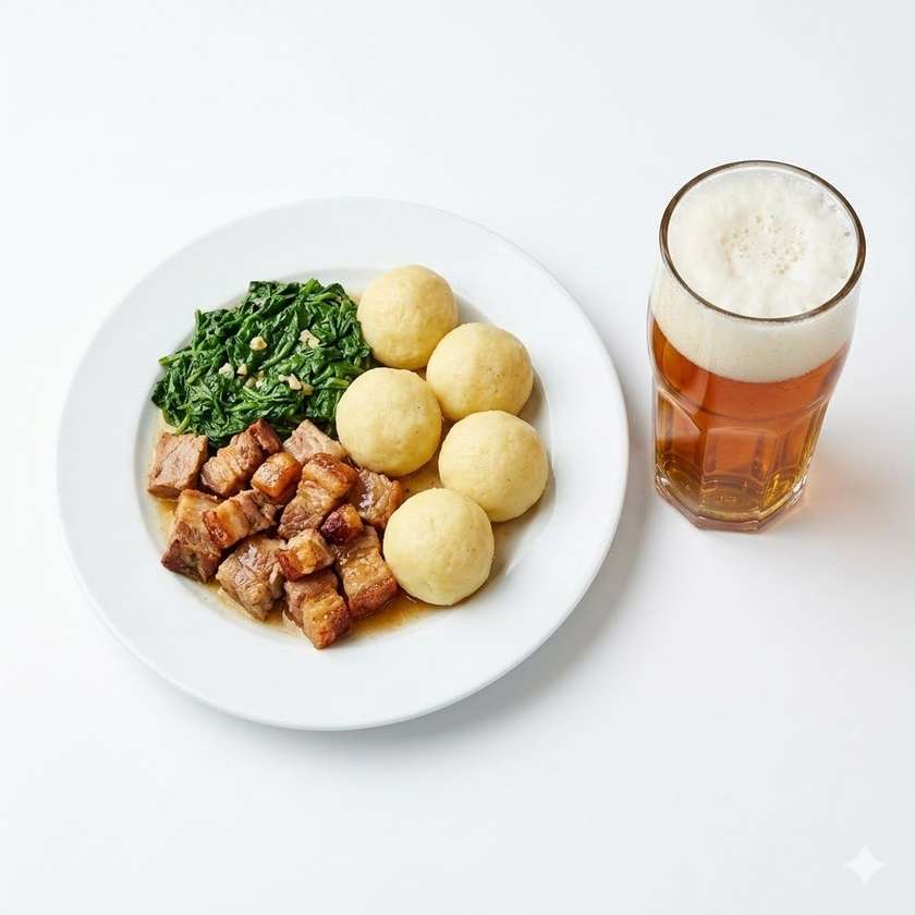 Vepřové výpečky, špenát, 5ks bramborový knedlík + 0,5l Pivo