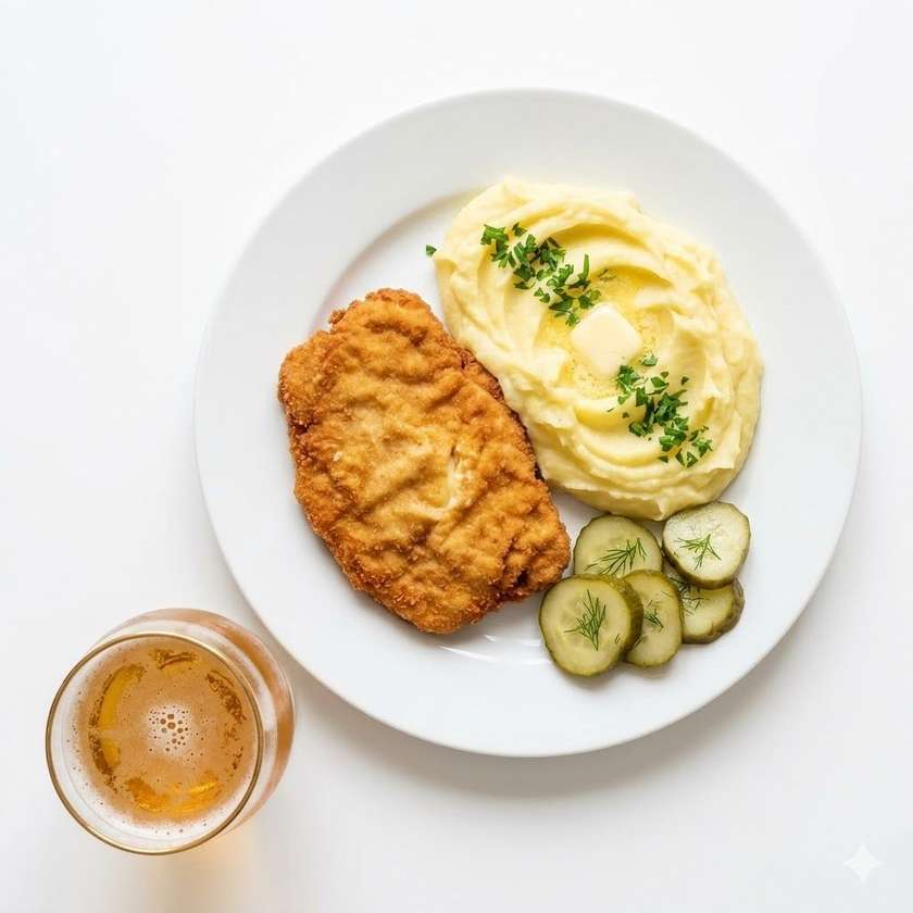 Holandský řízek, bramborová kaše, okurka + Nealko pivo