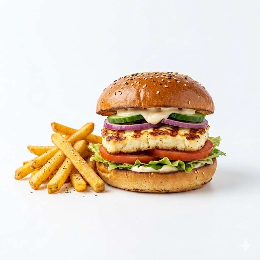 Halloumi Burger with Vegetables, Mayonnaise, and Fries