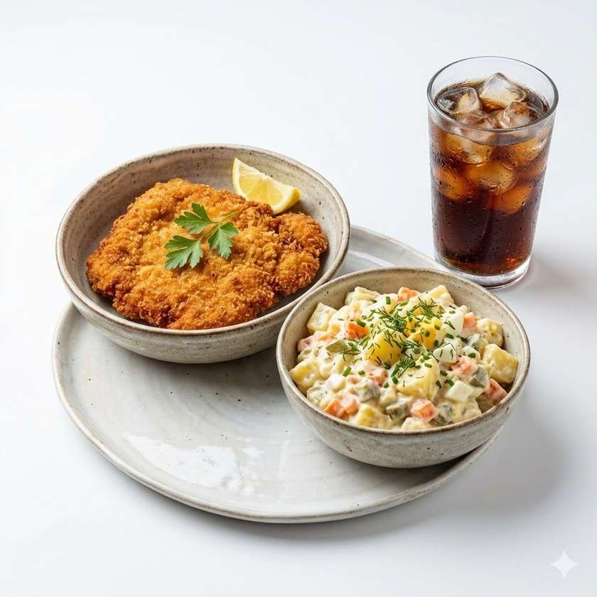 Vepřový řízek, bramborový salát + Pepsi