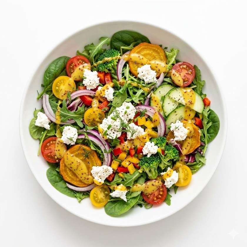 Vegetable salad with goat cheese and honey mustard dressing