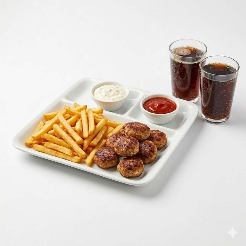 BOX : 400g mini  vepřové Karbanátky + 400g hranolky + tatarka, kečup, 2x Pepsi