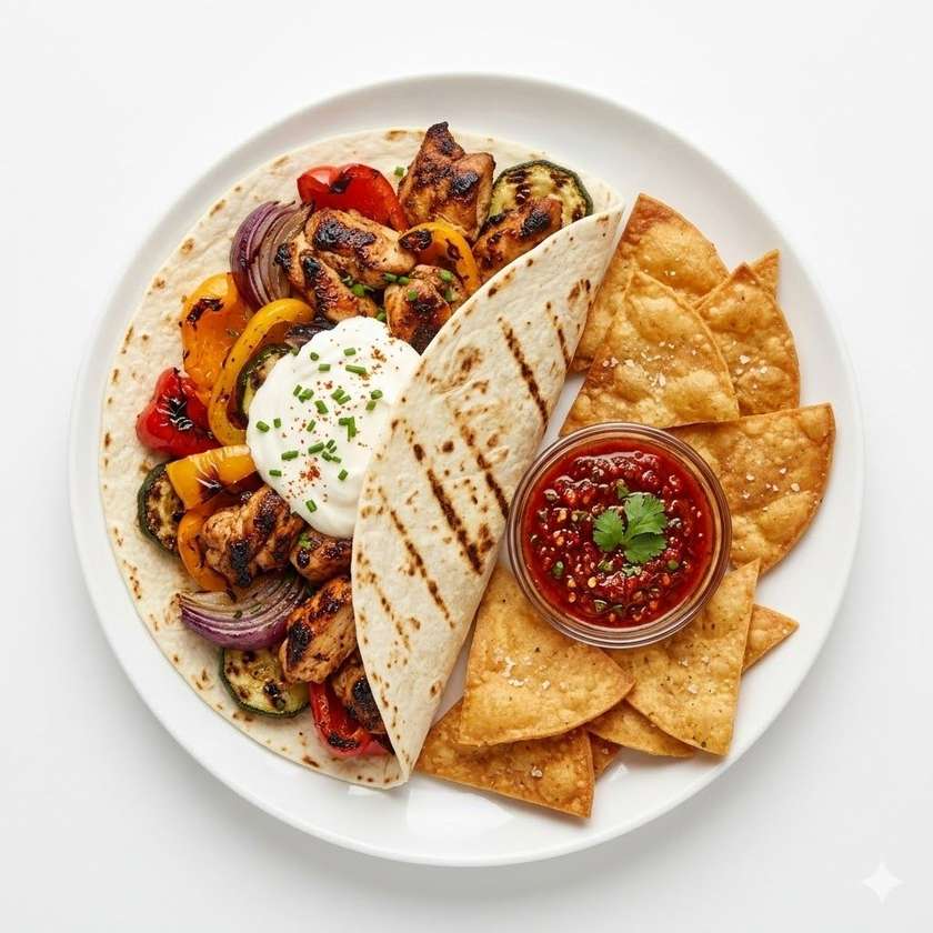 Tortilla with grilled chicken, grilled vegetables and sour cream dip