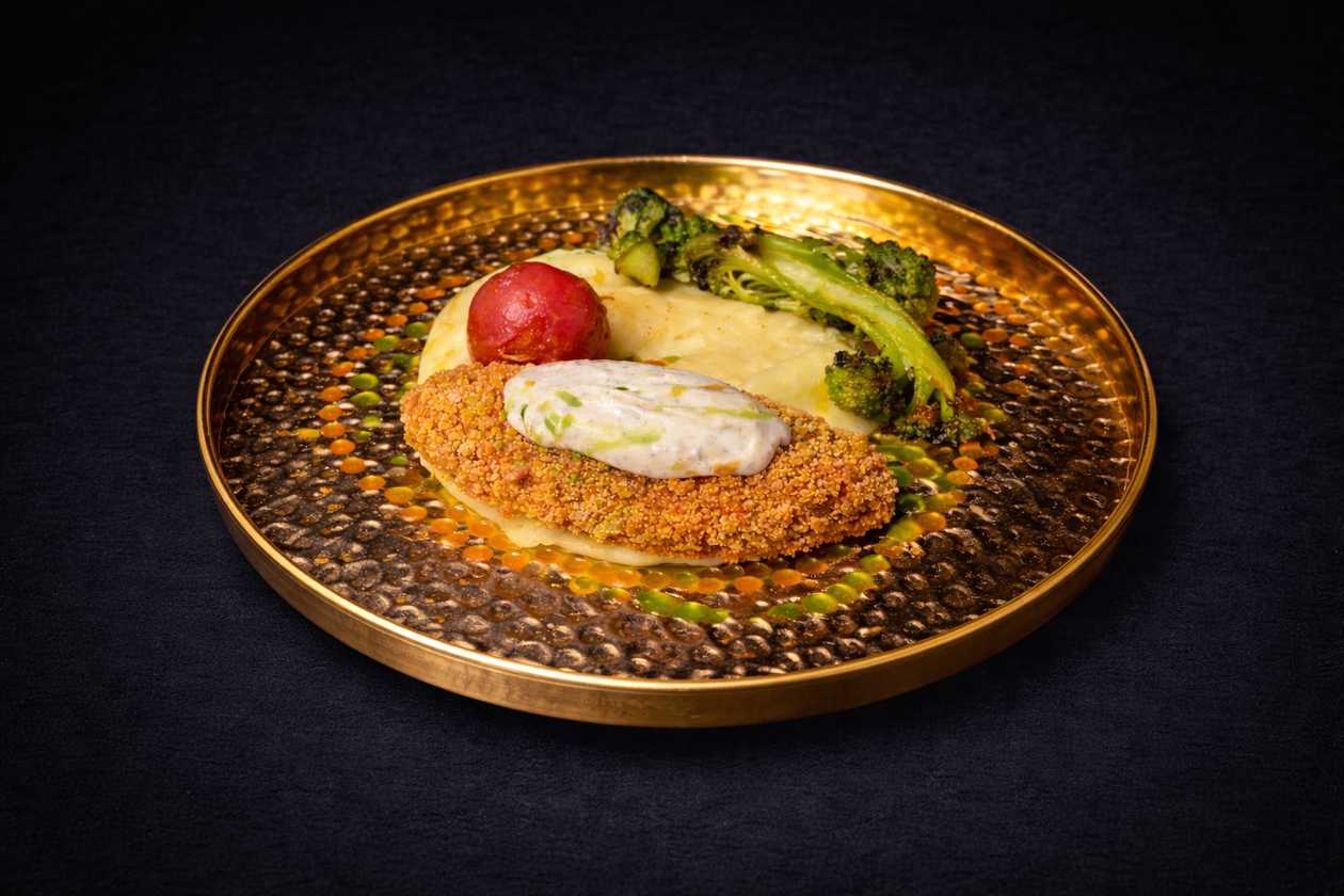White fish cutlet with creamy filling on mashed potatoes