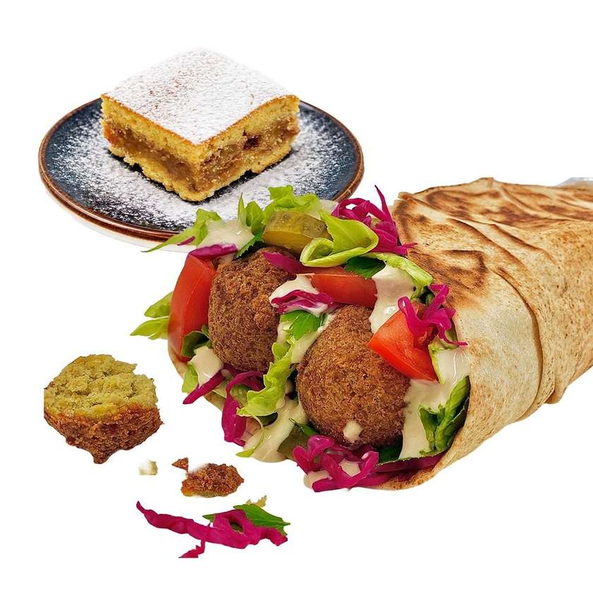 Falafel sandwich + Placinta cu mere sau apa plata / minerala 0,5L