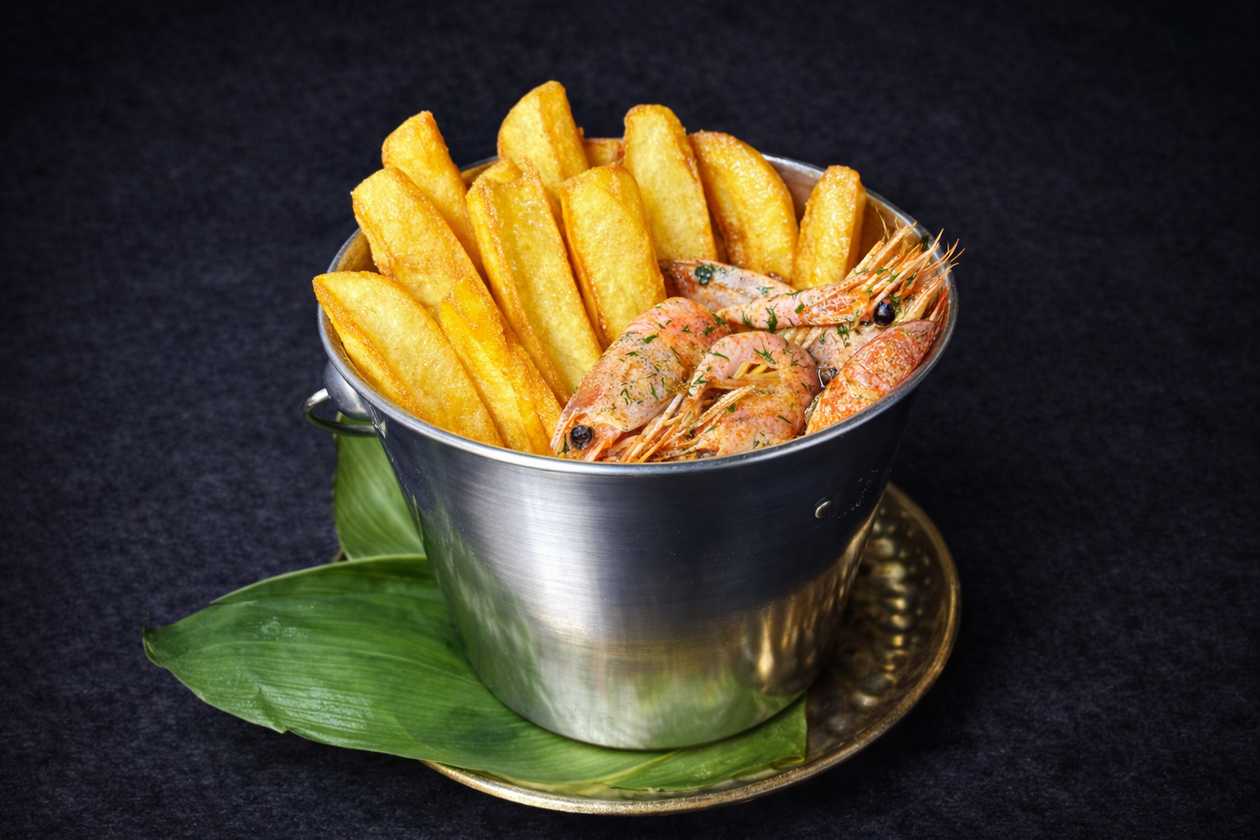 Bucket of Shrimp with Potato Dips