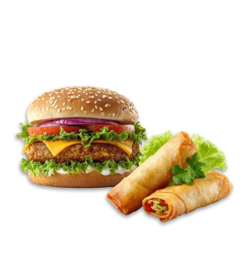 New Veg Burger, Lettuce, Tomato, Onions & Cheese with 2 Large Veg Spring Rolls