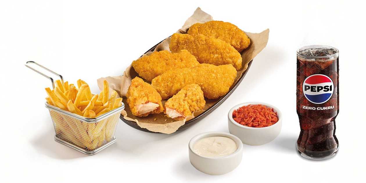 3X STRIPS DIP & CRUNCH, PEČENÉ HRANOLKY A NÁPOJ DLE VÝBĚRU.