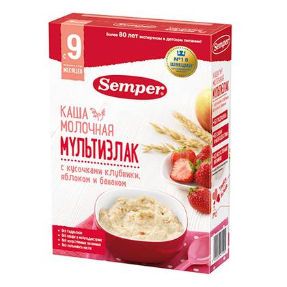 Semper - Milk Porridge, Sugar-Free Multigrain with Banana, Strawberry, and Apple /9 months+/ 180g