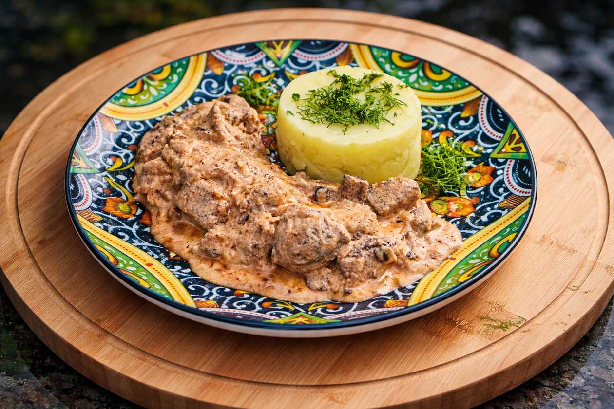 Beef Stroganoff with garnish
