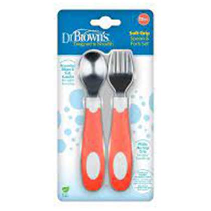 Doctor Brown - Metal Spoon and Fork with Soft Handle, Coral Color 4400