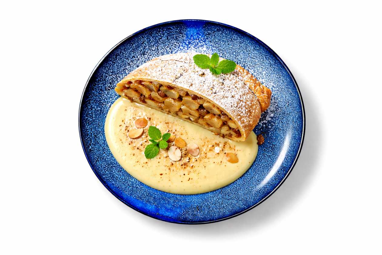 150g Domáca jablková štrúdľa, vanilkový krém