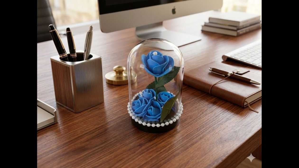 Μινι Διακοσμητικό Γραφείου - Μπλέ Τριαντάφυλλο σε  διάφανο δοχείο