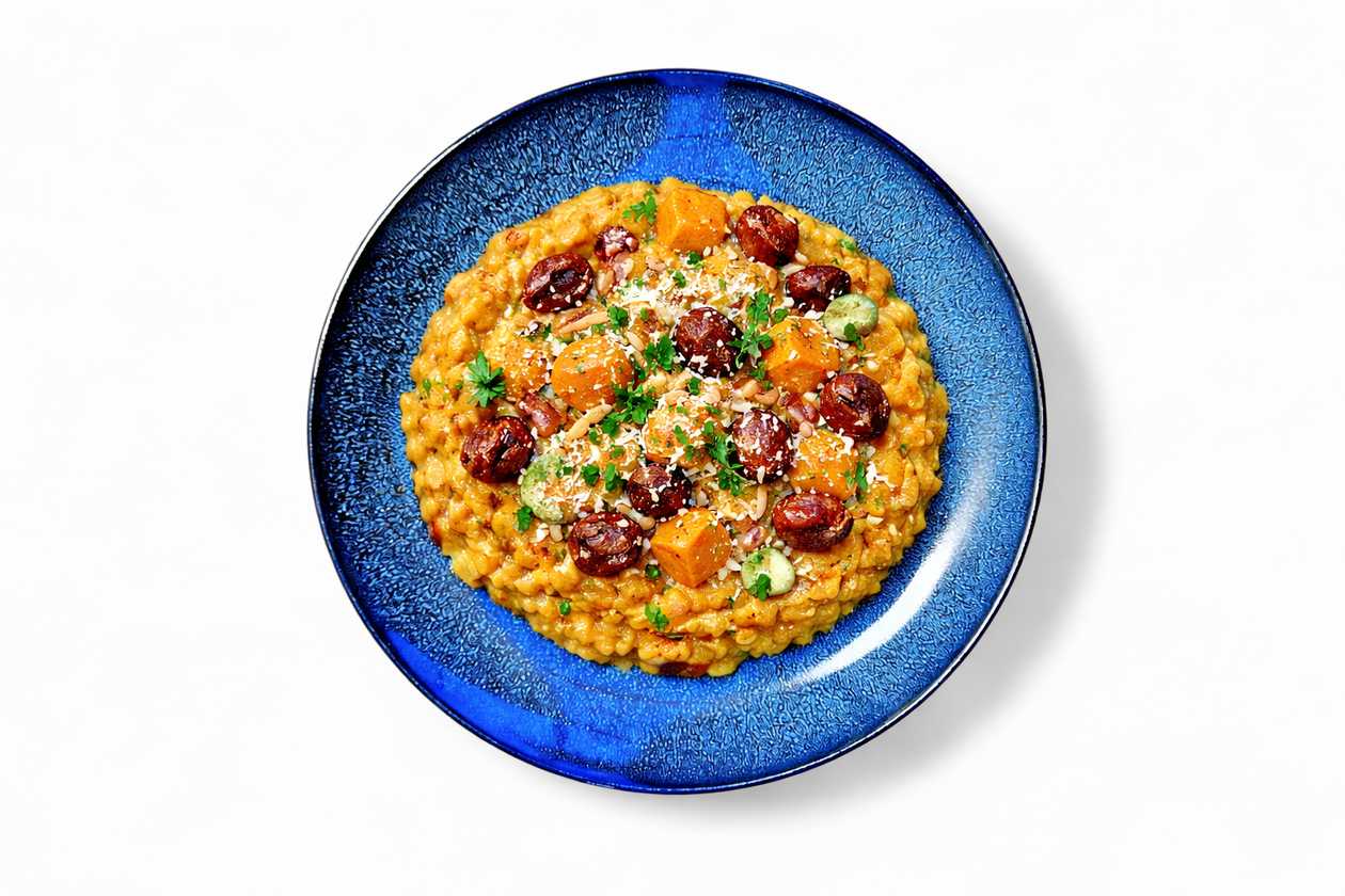 300g Krémové rizoto z pečenej tekvice, gorgonzola, sušené paradajky