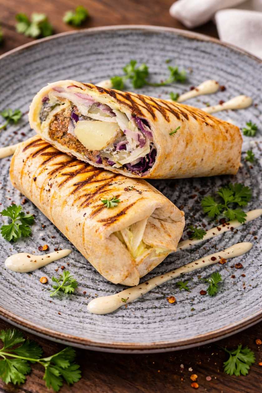 Rawdia Gyros with Tzatziki, Tahini, and Pomegranate Sauce (Vegan)