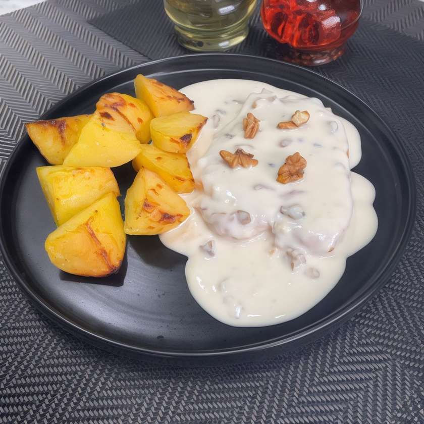 Chicken with Gorgonzola Sauce and Walnuts Served with Side Dish
