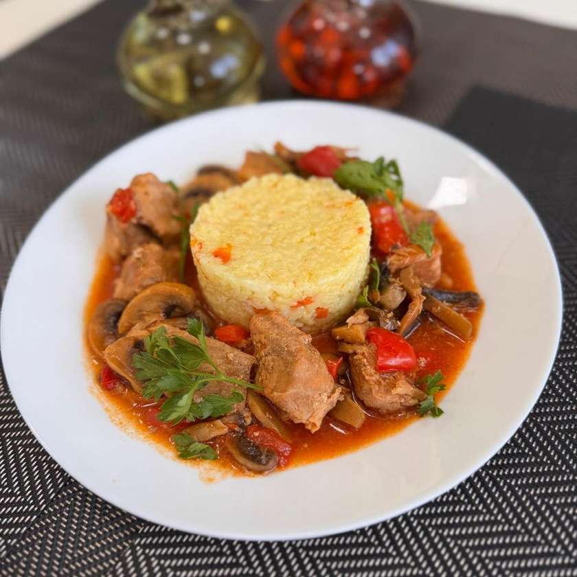 Mushroom and Chicken Stew Served with Side Dish