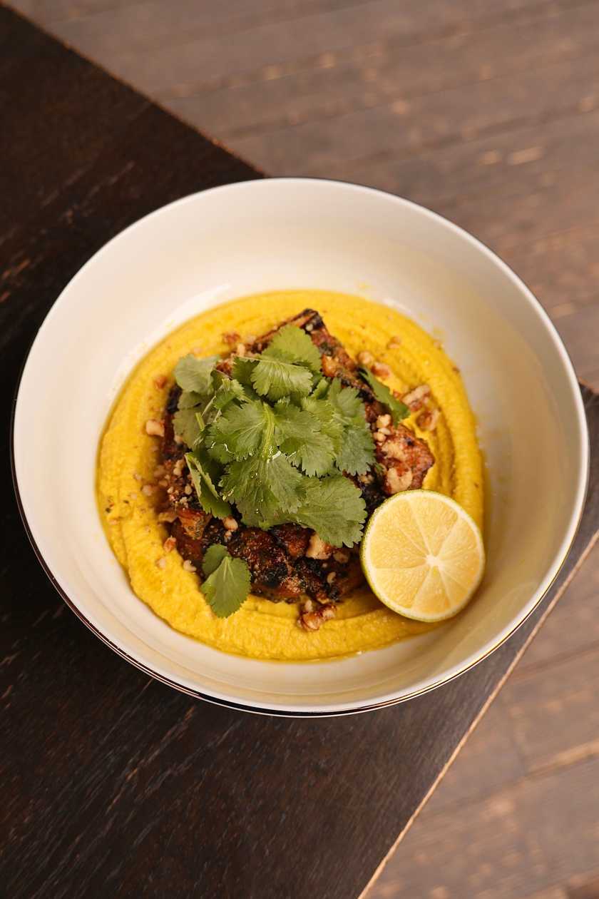 Hummus with Roasted Eggplant and Pesto Sauce