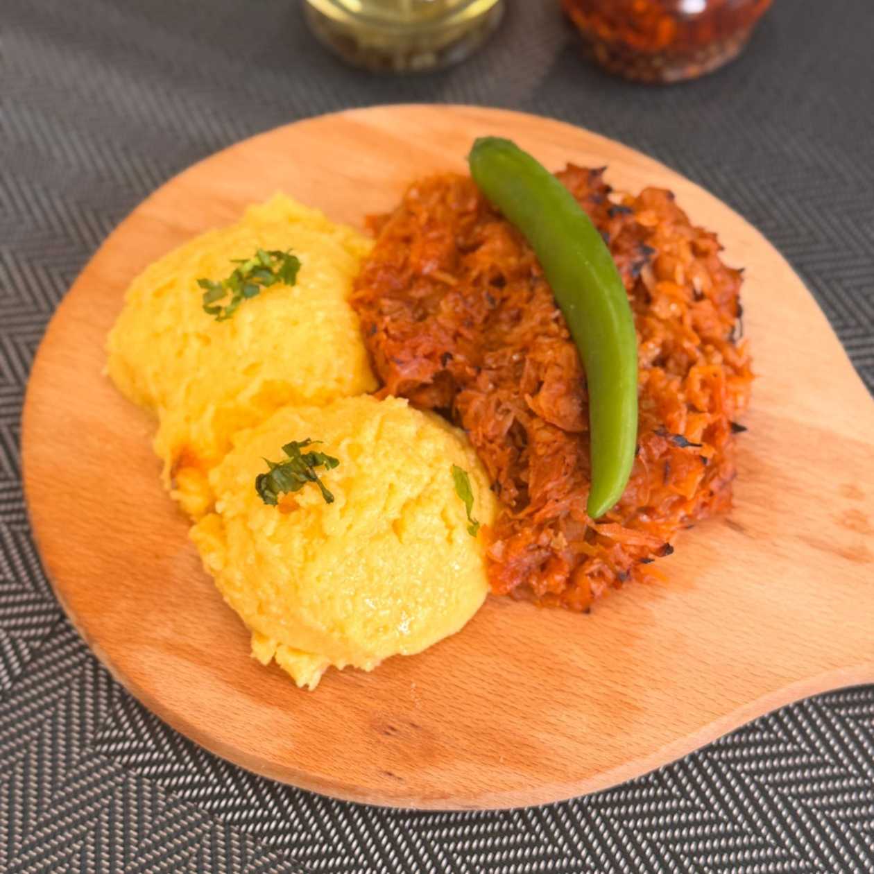 Braised Cabbage with Meat, Polenta, and Hot Pepper