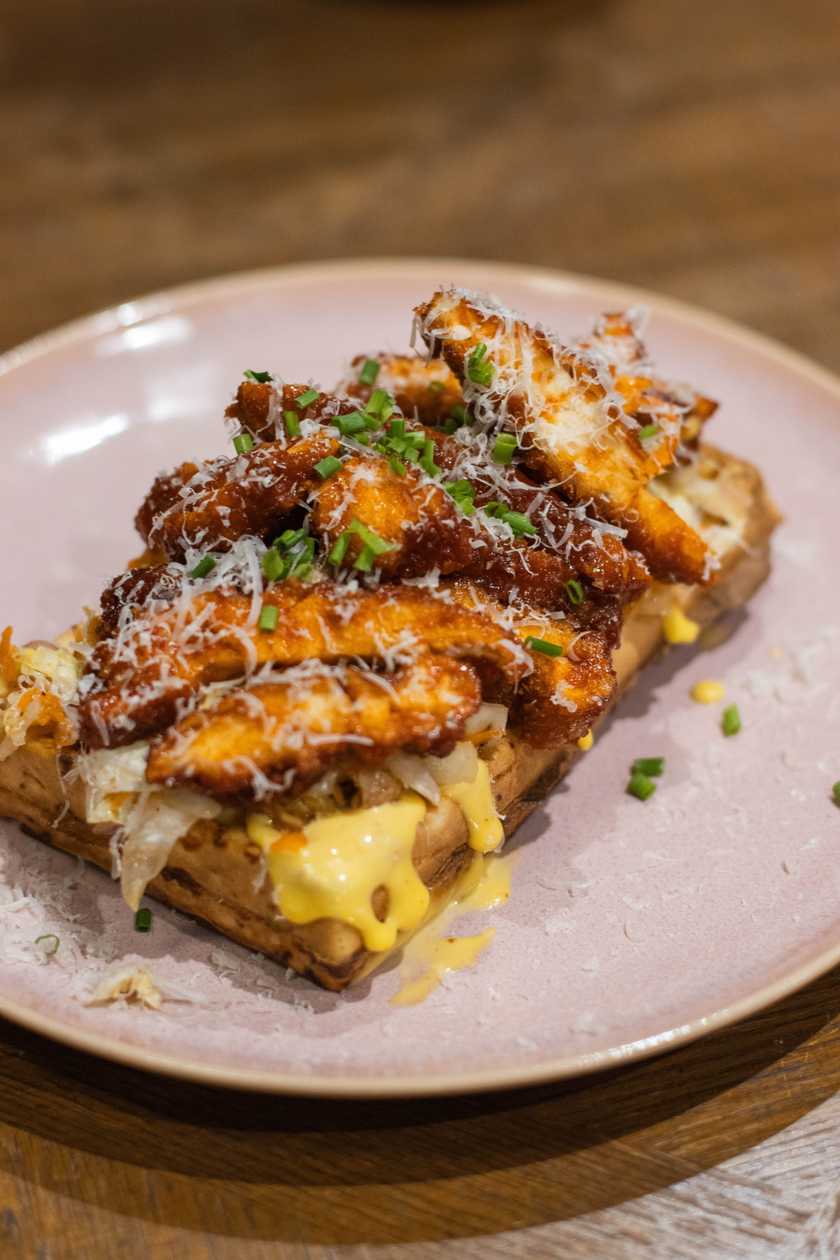 Cheese Waffle with Gochujang Crispy Chicken