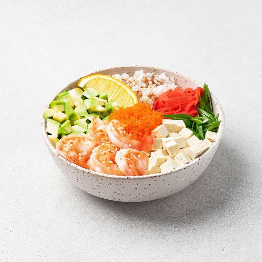 Боул з креветкою, авокадо та пікантним теріякі соусом