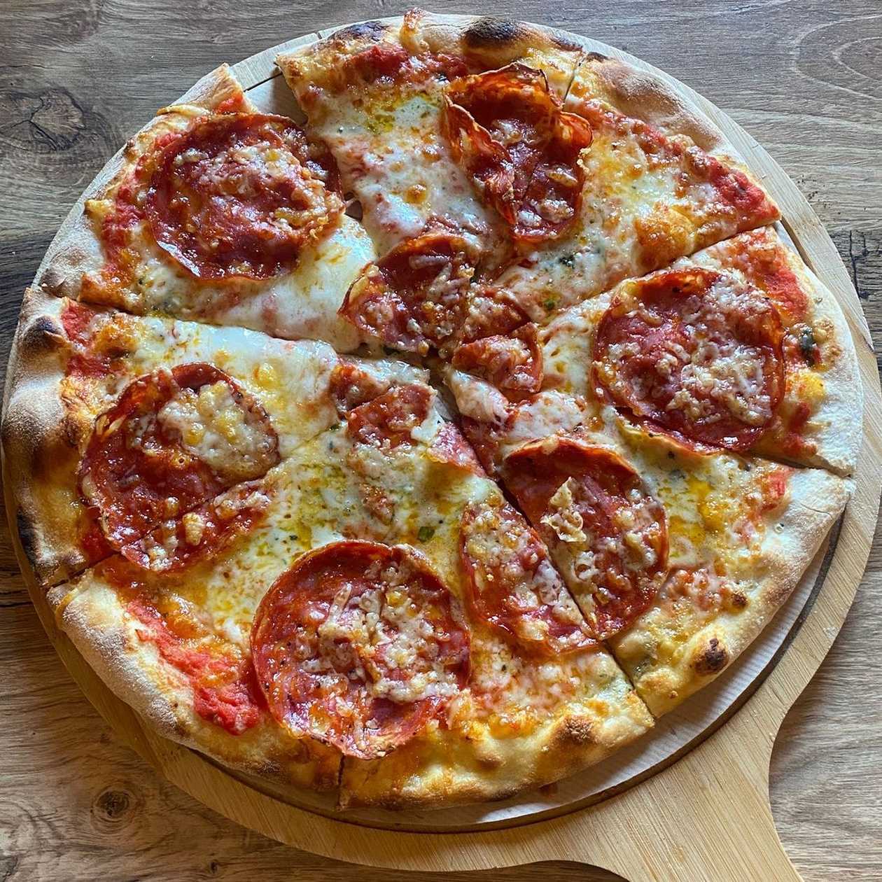 Pizza Quattro Formaggi with Spicy Salami