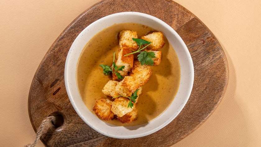 Creamy forest mushroom soup with bacon